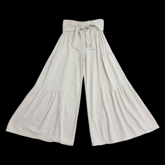 Happily Grey Palazzo Pants Small Beige Linen Cotton Festival Resort Ultra Wide - Picture 1 of 11